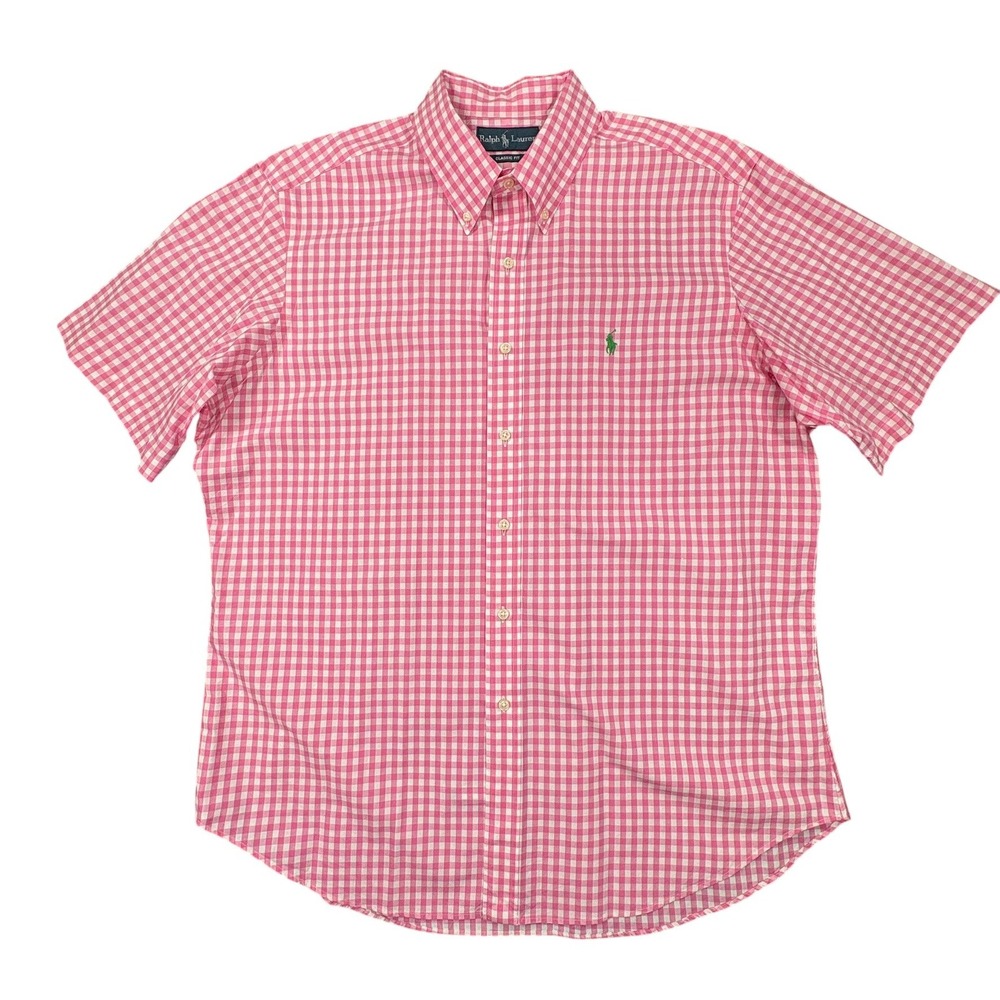 Ralph‎ Lauren Button Down Shirt Mens XL Pink Gingham Cotton Short Sleeve Pony